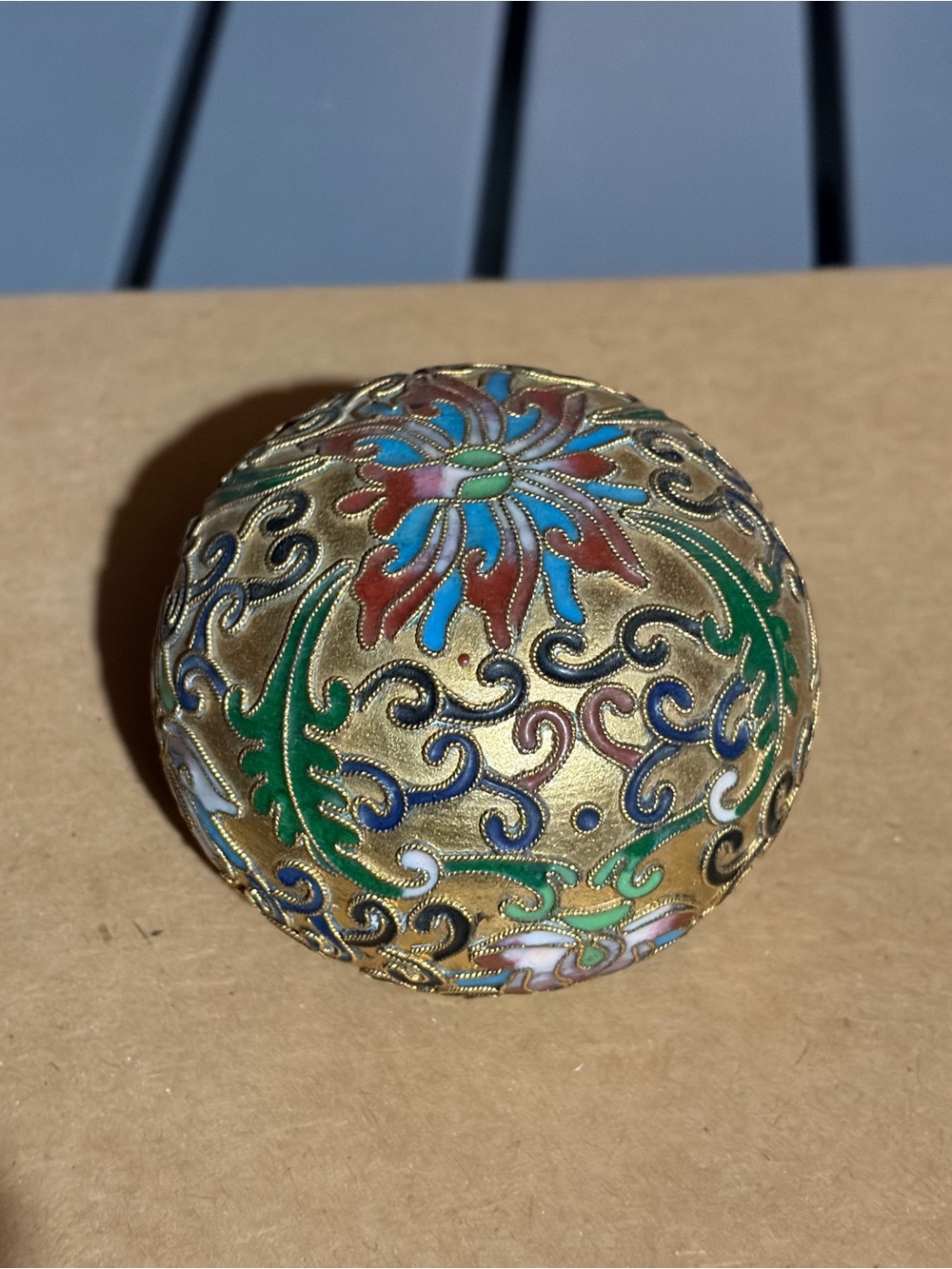 Vintage Chinese Cloisonné Ornate Gold Tone Metal & Enamel paperweight sphere